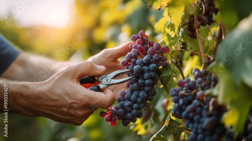 Producer wine hands harvesting ripe red grapes with shears from a sunlit vineyard branch during autumn season, viticulture work