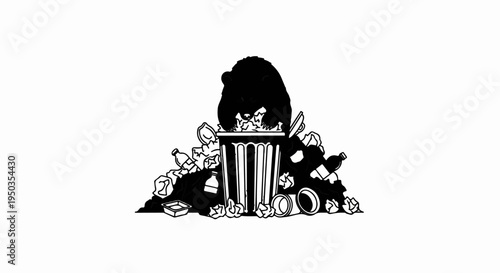 A black bear rummages through a garbage can overflowing with trash