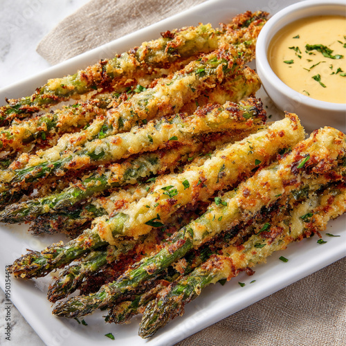 Crispy asparagus asiago spears on tray, appetizer snack