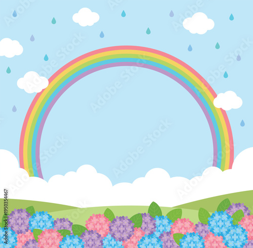 Summer landscape background frame with a colorful rainbow, hydrangea flowers, and raindrops. Flat vector illustration of a rainy season scenery with copy space for greetings and posters.
