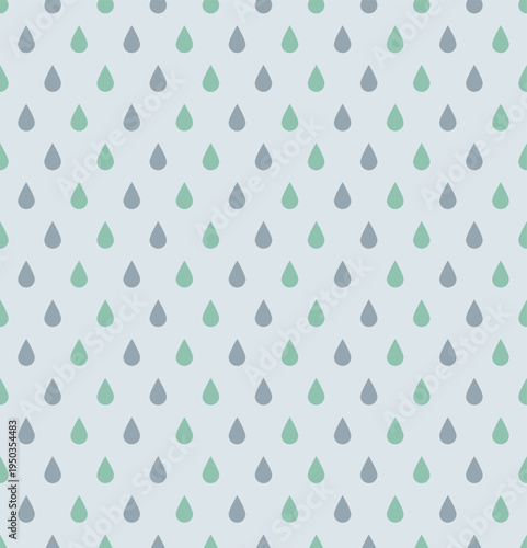 Seamless pattern of hand-drawn raindrops in soft pastel green and grey colors. Simple and clean vector background for textile, wrapping paper, wallpaper, and seasonal rainy day designs.