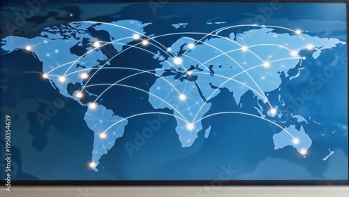 World map with illuminated global network connections indicating international communication and data exchange.