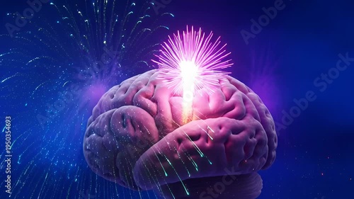Brain illuminated with vibrant colors and fireworks, showcasing dynamic energy bursts and glowing effects against a deep blue background in a visually captivating sequence