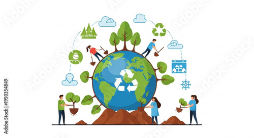 People protecting the earth with recycling symbol and eco friendly actions