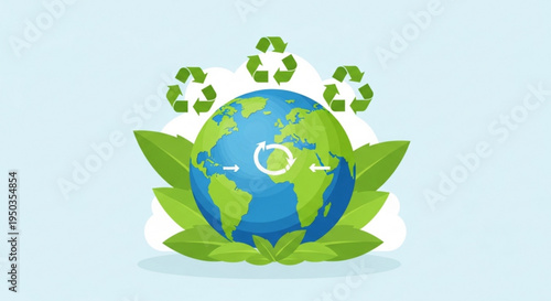 Eco friendly globe with recycling symbols and green leaves on light blue background representing environmental conservation and sustainability