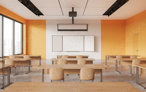 Empty modern classroom interior with wooden furniture in realistic style on orange-white background, concept of education, 3D Rendering