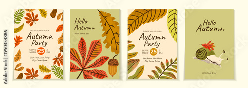 Happy Thanksgiving Day or Hello autumn concept of card, cover, invitations set with beautiful bright autumn leaves. Modern art style design templates for celebration, ads, branding, banner, poster