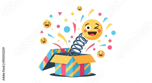 Surprised emoji face emerges from colorful gift box with confetti and stars on white background