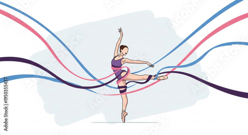 Female dancer in dynamic pose with colorful flowing ribbons in background expressing movement and freedom in a lively performance
