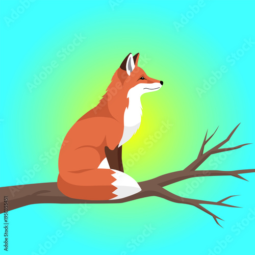 Red Fox Sitting on Tree Branch Flat Vector Illustration