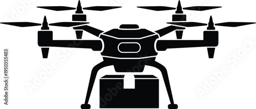 "Black and white silhouette of hexacopter drone carrying package, modern unmanned aerial vehicle design for delivery, logistics, transportation technology, innovation, and futuristic engineering 