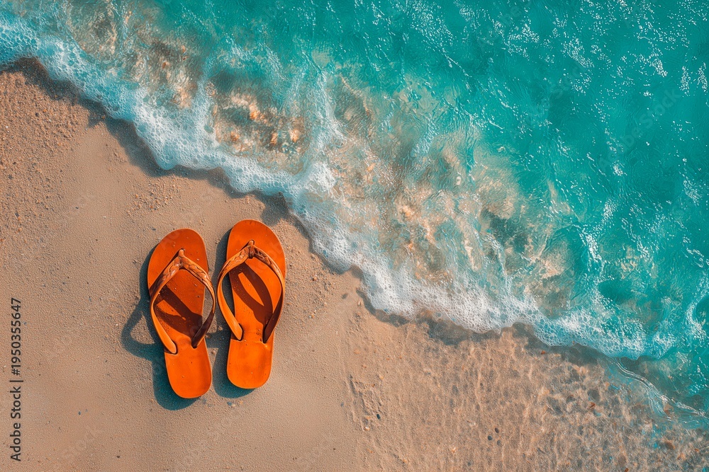 Obraz premium Summer sandals on sandy beach, top view minimal summer concept