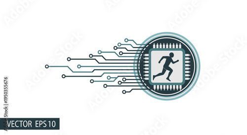 Running man within a rounded square microchip icon with circuit board elements and speed lines, representing data processing and digital speed on an isolated white background.