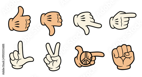 Set of diverse cartoon hands showing various gestures including thumbs up, thumbs down, pointing, peace sign, and fist on a light blue background.
