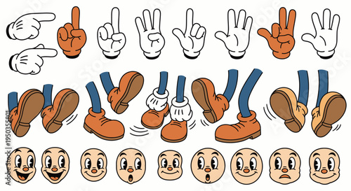 Set of cartoon faces with emotions, white gloved hands making gestures, and various brown leg positions, isolated white background.