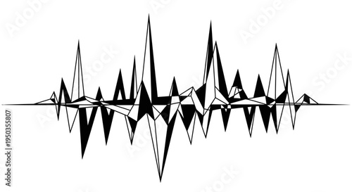 Abstract black and white jagged sound waveform displaying chaotic audio peaks and valleys on an isolated white background.