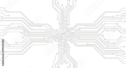 Complex abstract white circuit board pattern featuring a central processor-like element and radiating interconnected lines, isolated white background.