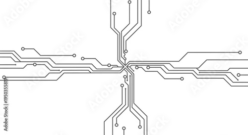 Symmetrical outline circuit board pattern with a central connection hub and radiating lines, isolated white background.