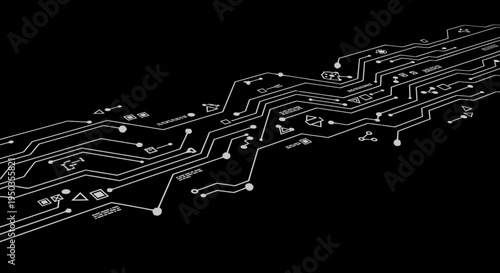 Abstract white circuit board pattern with glowing lines and connections on a dark black background, depicting data flow and technology.