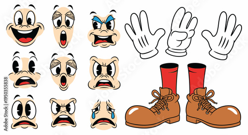 Cartoon faces with various emotions, white gloved hands showing different gestures, and a pair of brown boots, isolated white background.