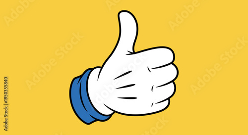 Cartoon hand wearing a white glove with a blue cuff giving a cheerful thumbs up gesture on a bright yellow background.