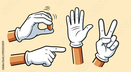 Cartoon white gloved hands making various gestures, including holding a small object, pointing, and showing a peace sign, on a light cream background.