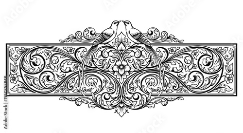 Intricate horizontal border design featuring ornate birds, delicate flowers, and swirling foliage, ideal for vintage decor on an isolated white background.