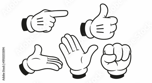 Comprehensive set of cartoon hand gestures featuring pointing, thumbs up, peace sign, open hand, fist, and sideways palm on an isolated white background.