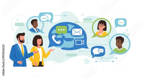 Business communication concept with people talking and messaging on phone and computer