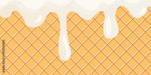 Melting Vanilla or Yogurt Cream on Wafer Background. Sweet Vanilla and Yogurt Dripping Cream on Wafer Texture