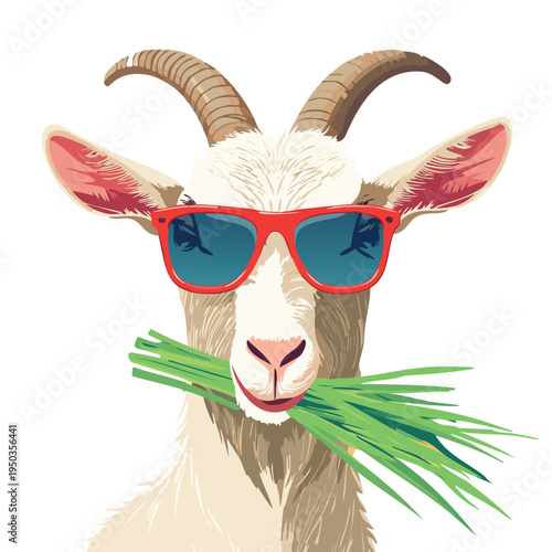 Photography of a cute goat wearing red sunglasses and chewing on a large single tuff of grass