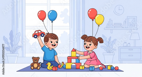 Two happy children playing with colorful blocks and toys on a blue mat in a bright room with balloons