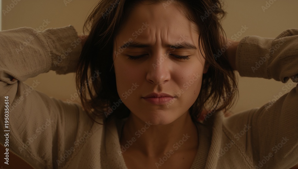 Fototapeta premium Holding hands behind head, woman showing tension with closed eyes in warm room, beige knit sweater