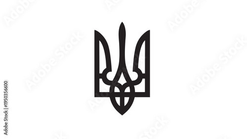 Ukrainian Tryzub symbol with a minimalist black outline on a white background, representing national identity and heritage.