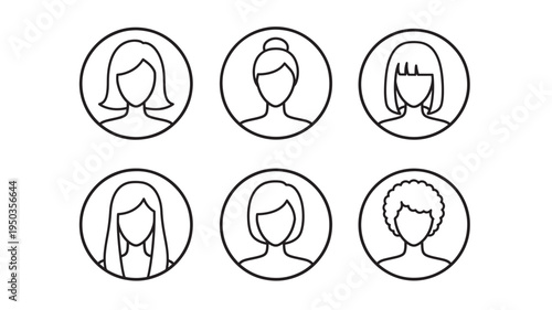 Avatars outline icons featuring diverse female hairstyles, including bob, long, bun, and curly hair within circular frames.