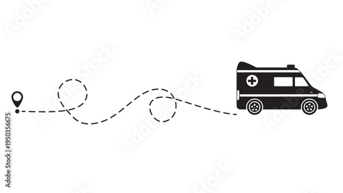 Ambulance icon with dashed line and location pin showing a journey or emergency service route featuring medical, transport, vehicle with healthcare