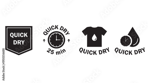 Quick Dry icons set featuring a shield, clock, t shirt with water drop, and a clock with a water drop.