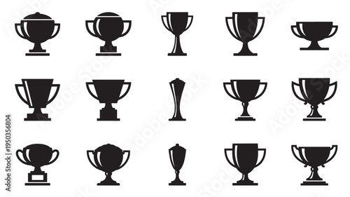 Trophy icons set with award cup variations in black solid silhouette for victory and achievement celebration graphics.