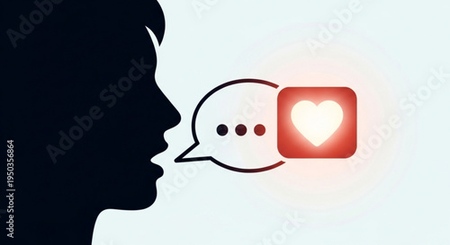 Person silhouette with speech bubble and social media heart icon on light blue background