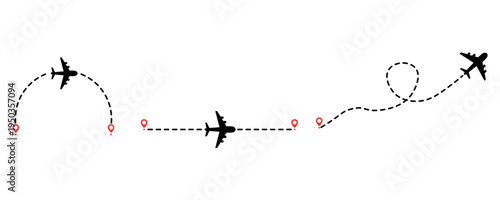 Airplane Flight Path Vectors and Map Pin Icons Set