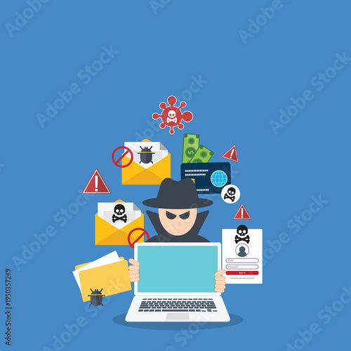 Cybersecurity Hacker Phishing Attack with Malware Virus Email Scam and Data Theft Online Fraud Security Threat Vector Illustration