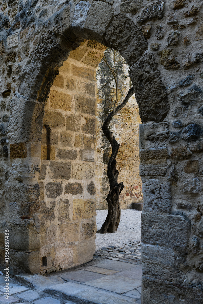Obraz premium Old, stone arch in the interior of the fortress São Jorge Castle, sometimes known in English as Saint George's Castle, a historic castle in the Portuguese capital of Lisbon.
