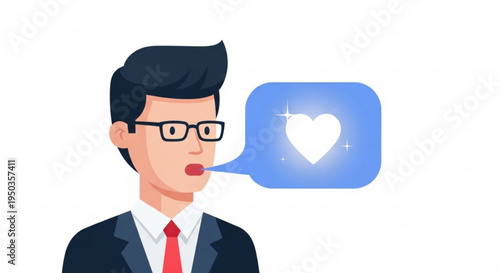 Businessman with glasses and speech bubble showing love heart symbol expressing affection or admiration professional vector illustration
