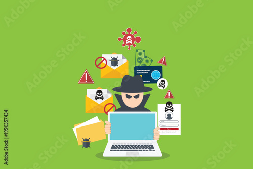 Cybersecurity Hacker Phishing Attack with Malware Virus Email Scam and Data Theft Online Fraud Security Threat Vector Illustration