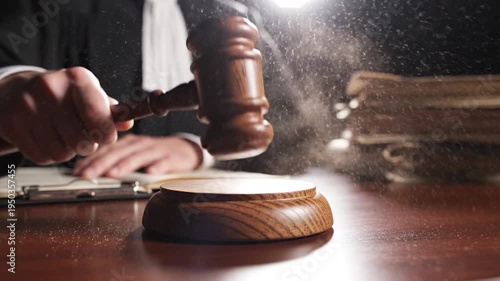 Judge gavel strike wooden block law court decision justice system close up