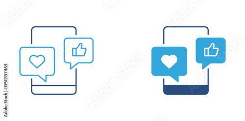 Social media engagement icon set. Chat bubbles with heart and like icon, online reaction and communication concept. Vector illustration.