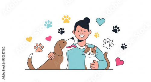 Man with dog and cat surrounded by hearts and paw prints on white background