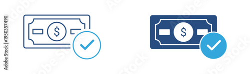 Online payment approval icon set. Dollar banknote with check mark icon, successful transaction and financial confirmation concept. Vector illustration.