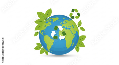 Earth with recycling symbols and green leaves on a white background representing eco friendly and sustainable practices globally