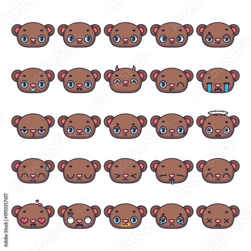 Set of 25 bear avatars with various facial expressions, emotes